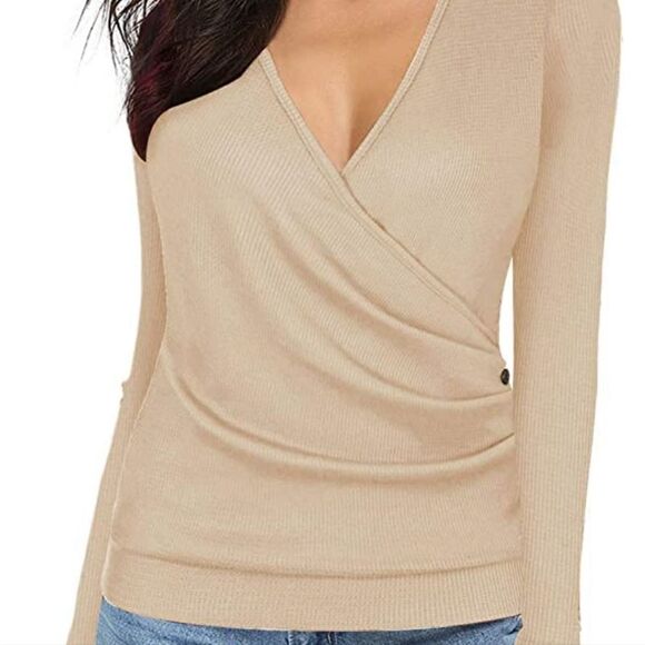 NWT MIMIGOGO  Brown  Long Sleeve Wrap Waffle  Knit TopButton       Size S - Picture 2 of 13